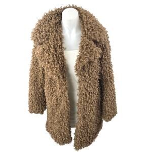 Zara Brown Faux Fur Collared Long Sleeve Curly Teddy Sweater Jacket Size XS